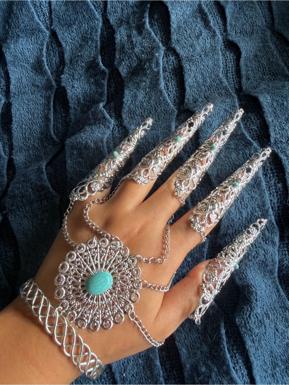 Silver Filigree Hand Chain with Turquoise Accents - Women Jewelry